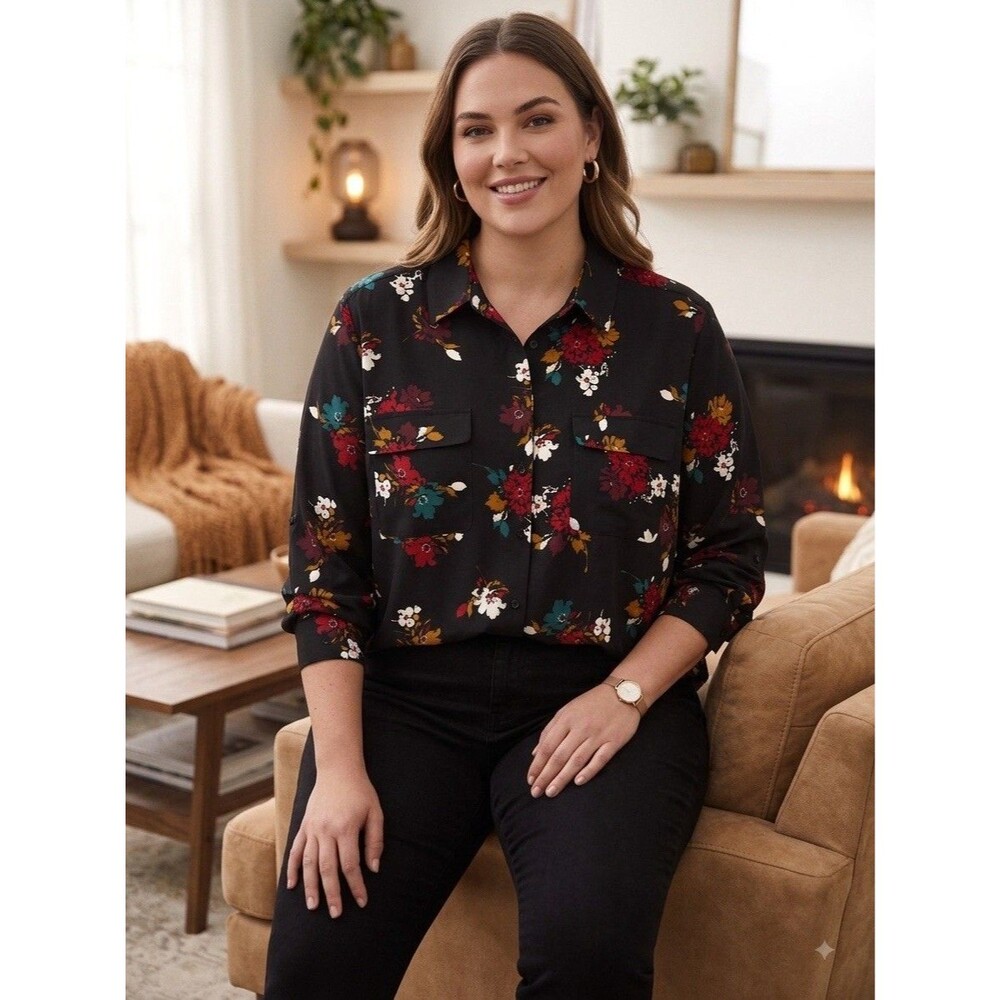 Madison Black Floral Collared Woven Button-Up Long Sleeve Polyester Blouse 2X